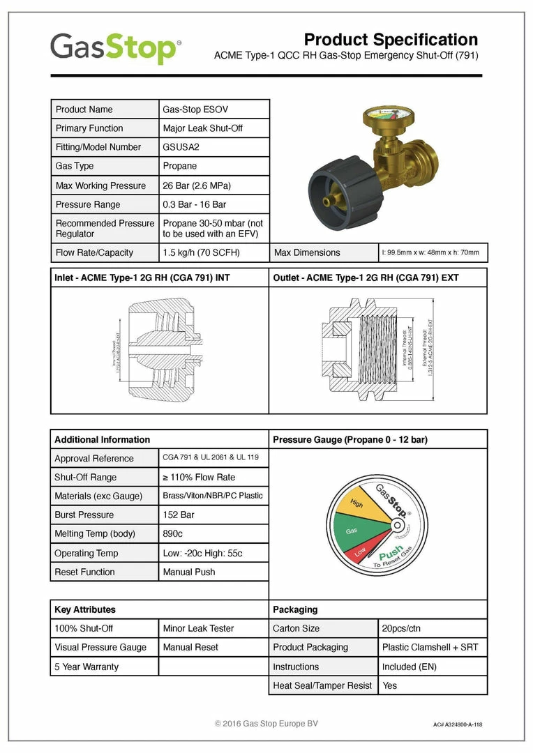 Diversified Power ACME GasStop RV Propane Emergency Valve - GSUSA2 GASSTOP SHUT OFF VALVES 2 Diversified Power ACME GasStop RV Propane Emergency Valve - GSUSA2 GASSTOP SHUT OFF VALVES